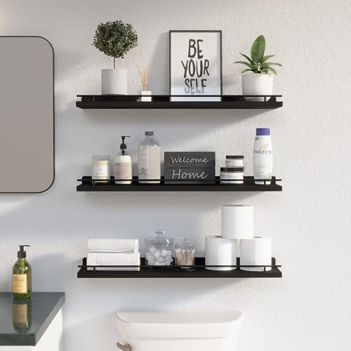 WOPITUES Floating Shelves 24 inch with Gold Metal Guardrail, Shelves for Wall Decor Set of 3, Wall Shelves for Bedroom, Bathroom, Kitchen, Living Room, Plants, Picture Frames, Art- Black - color: Black, size: 23.6 inch