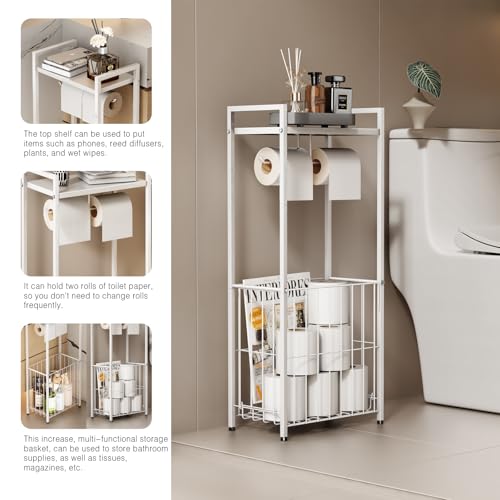VOLDRA Toilet Paper Holder Stand with Storage Shelf, Free Standing Toilet Paper Roll Holder with Large Basket Heavy Duty Floor Double Tissue Dispenser for Bathroom Freestanding Tp Holder (Matte White) - color: White, size: Free Standing
