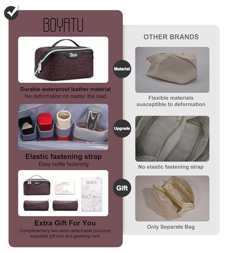 BOYATU Travel Makeup Bags Organizer for Women: 3 Pcs Set Cosmetic Bag - Large Make up Bag with Compartments - Flat Open Waterproof Leather Toiletry Bags for Skincare, Brushes & Travel Essentials - Red - color: 10-Red