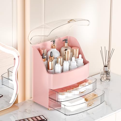 Makeup Organizer Countertop Vanity with Transparent Lid Drawers Waterproof Dustproof Cosmetic Skincare Bathroom Storage Gift for Women Teens Girls (Pink) - color: Pink