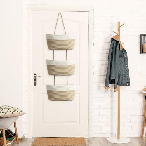 TeoKJ Over the Door Hanging Basket, 3-Tier Woven Cotton Wall-Mounted Storage Organizer Bag Decorative Hanging Nursery Baskets, White & Jute - color: White + Jute