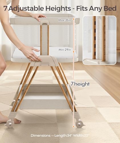 Fodoss Baby Bassinets Bedside Sleeper - 3-in-1 Baby Bassinet with Wheels, Soft Mattress, Storage Tray, Full-Mesh Sides, 7-Height Adjustable Crib for Newborns - color: Beige Tweed+wood Grain