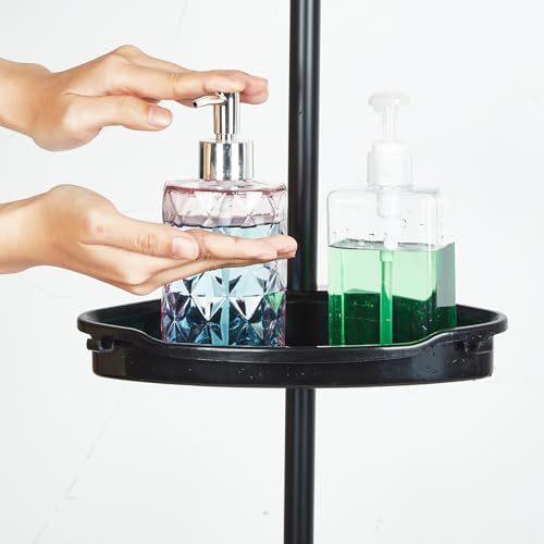 No-Drill Corner Shower Caddy Tension Pole, Rust-Resistant Bathroom Storage Organizer with 4-Tier Adjustable Shelves & Rubber Pad, 101.6''- 122'' Height, Black - color: Black