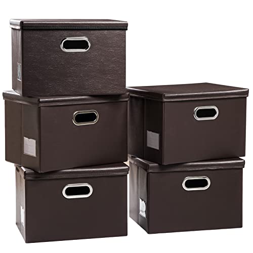 PRANDOM Foldable Storage Bins with Lids [5-Pack] Leather Fabric Collapsible Storage Boxes Organizer Containers Baskets Cube with Cover for Bedroom Closet Office Nursery Brown (14.9x10.8x10) - color: Brown, size: Medium(5-Pack)