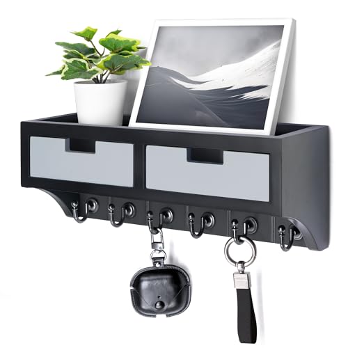 Rebee Vision Key Holder Wall Mount with 2 Organizer Drawers : Decorative Mail Organizer for Wall with 6 Key Hooks and Small Wall Shelf - Modern Aesthetic Room Decor (Black & Gray) - color: Black & Gray, style: 2-Drawer