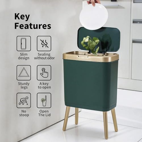 Procade Trash Can with Lid,Small Bathroom Garbage Can with Lid, Plastic Trash Can with Push Button,Narrow Waste Basket for Bedroom,Living Room, Toilet,Office,Kitchen,4 Gal-Gold Edge - color: Green