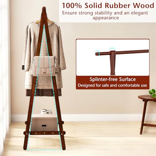Tangkula Folding Rubber Wood Clothes Hanging Rack, Standing Garment Rack with Bottom Storage Shelf, Portable Clothing Organizer for Bedroom and Entryway (Walnut)