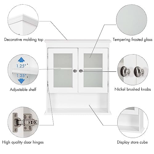 Spirich Bathroom Cabinet Wall Mounted, Medicine Cabinet Organizer with Glass Doors and Adjustable Shelves, Bathroom Wall Cabinet Over Toilet, White