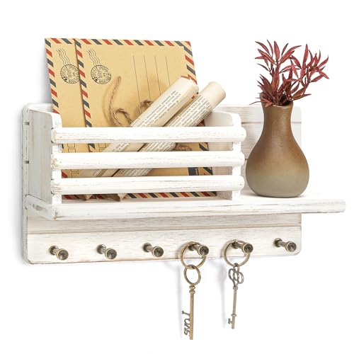 Rebee Vision Farmhouse Pine Wood Key Holder Wall Mount - Key Holder for Wall with Wooden Floating Shelf & 6 Sturdy Hooks - Storage Mail Holder for Home Decor (Whitewash) - color: Distressed White