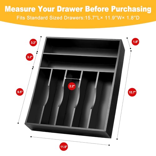Kitchen Bamboo Silverware Organizer, Kitchen Drawer Organizer - Utensil Holder and Cutlery Tray with Grooved Drawer Dividers for Flatware 7 Slot, Black - color: Black, size: 7 Slots