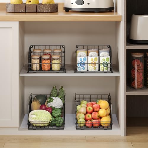 X-cosrack Stackable Wire Baskets for Counter, Fruit and Vegetable Storage, Potato and Onion Storage Bin，Kitchen Pantry Organizer - Wall Basket for Produce/Snack/Can, Large, Black - size: Large