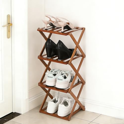Bamboo Shoe Rack 4 Tier Foldable Shoe Rack Vertical Bamboo Shoe Organizer Free Standing Shelf for Entryway, Closet, Bedroom, Walnut Color - color: Walnut Color, size: 4-tier