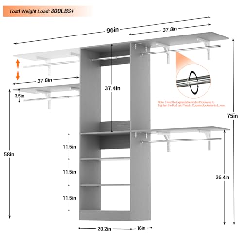 iSunirm 8FT Closet System with Shelves, 96'' Closet Organizer System with 3 Hanging Rods, Wall Mount Bedroom Wardrobe Walk-in Closet, Adjustable Cloth Garment Rack from 5 to 8FT (Cut to Fit), Grey - color: Grey