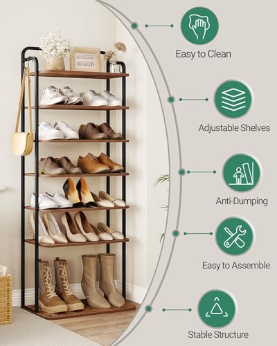 Hzuaneri 8 Tiers Widened Vertical Shoe Rack, Narrow Shoe Tower, Tall Shoes Shelf with 2 Hooks, Adjustable Shelves, Corner Shoes Shelves for Small Spaces, Entryway, Living Room, Rustic Brown SR12501B - color: Rustic Brown and Black, size: 8 Tier(11.8"D x 1