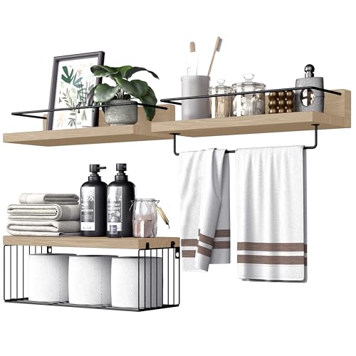 PopiShelves Bathroom Shelves Over Toilet for Wall, Floating Shelves with Storage Basket Paper Holer for Kitchen Living Room, Bedroom & Classroom, Set of 3 (Nature Wood) - color: Nature Wood, size: 15.7"