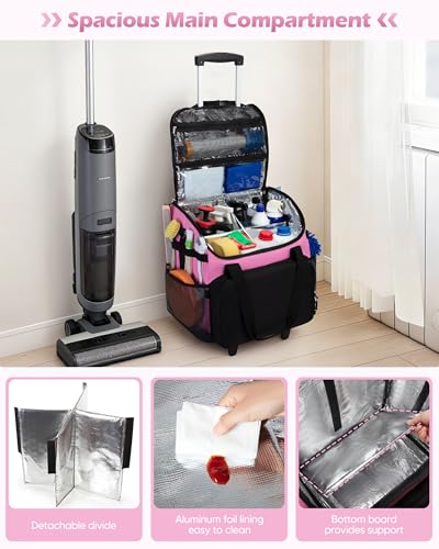 Marscamd Large Rolling Cleaning Caddy Bag with Detachable Trolley, Cleaning Supplies Organizer with Wheels for Housekeepers, Pink - color: Pink