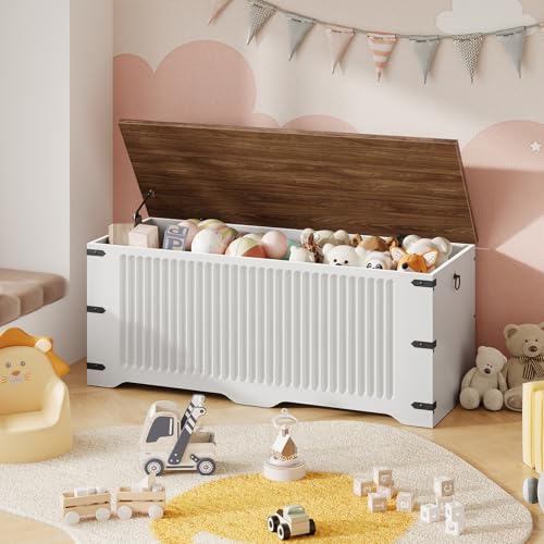 HOOBRO Storage Bench, Toy Box Organizer, Toy Chest with Safety Hinge, Farmhouse Style Storage Chest, 39.3 x 15.7 x 17.7 Inches for Living Room, Bedroom, Entryway, White and Walnut WH26CW01
