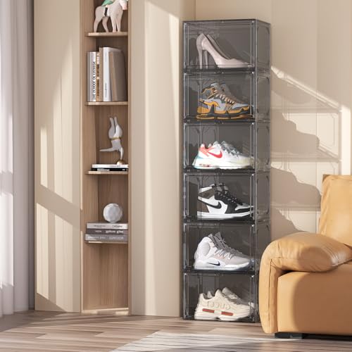 Shoe Box,Set of 6,Stackable Plastic Clear Shoe Box Organizer with Magnetic Door,Shoe Storage Box Thicken Sturdy,Easy Assembly,Fit up to US Size(Side opening door, Black) - color: Black, size: Side