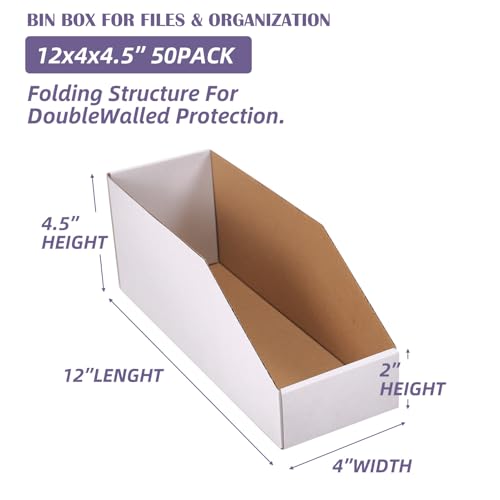 EXYGLO Cardboard Storage Bins 50 Pack, 12x4x4.5 Inch Cardboard Boxes, Corrugated Organizer Bins for Pantry, Shelves, Garage, Office, Shop, White - color: 50 Pack White, size: 12x4x4.5 inches