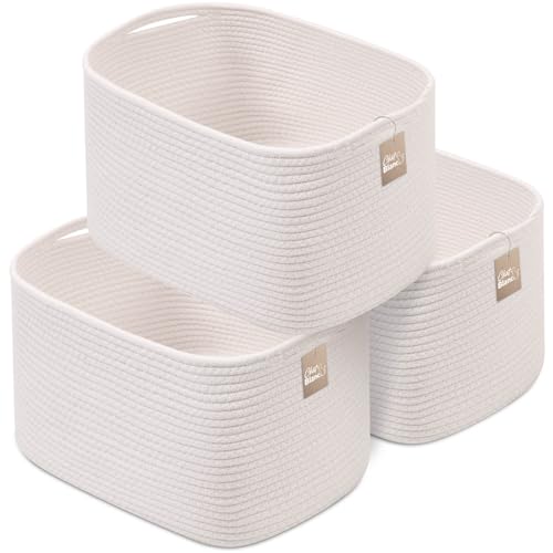 CHAT BLANC Cotton Rope Baskets for Organizing, Shelves, Toys, Storage, Shoe, Bathroom, Laundry, Towel, Nursery, Home Decor, Blanket, Cloth Woven Bins Fabric (Creamy White, 15"x10"x9") - color: Creamy White, size: 3 PACK | Medium | 15"x10"x9"