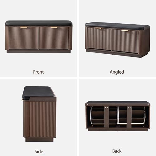 Fluted 3-Tier Entryway Shoe Bench with Drawers and Adjustable Shelves, 43.3'' Wide Shoe Storage Bench with Cushion Seat for Entrance, Hallway, Living Room, End of Bed - Espresso - size: Drawer-espresso