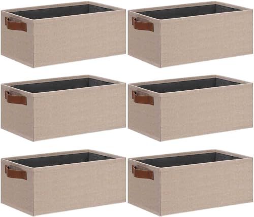 GhvyenntteS Small Fabric Storage Bins 6 Pack, 11.8" x 7.87" x 5.11" Storage Basket with Leather Handles, Closet Storage Bins for Shelves, Storage Baskets for Shelves, DVD Storage (Beige Yellow) - color: Beige Yellow, size: Small-11.8"x 7.87"x 5.11"-6pcs