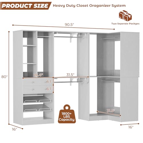 Closet System with 2 Drawers, 5 Hanging Robs, 4 Adjustable Shelves, 90.5"*31.5" Closet Organizer System with Corner Tower, L-shape Walk-in Closet System, Corner Closet System Set of 2, Morandi Grey - color: Morandi Grey, size: 90.5" * 31.5"