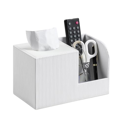 Square Tissue Box Cover with 2 Compartments Storage Organizer, PU Leather Tissue Box Holder with Remote Control Holder for Livingroom Nightstand, Multifunctional Cube Tissue Holder (White) - color: White