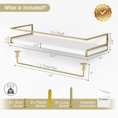Forbena Floating Bathroom Shelves Wall Mounted, Aesthetic White and Gold Shelves for Bathroom Accessories, Modern Bathroom Organizer with Tower Bar for Wall Decor Storage Small Spaces, Set of 2 - color: 1. White-gold