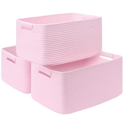 3 Pack Large Storage Basket for Organizing, 17.5"x13"x7" Woven Basket for Shelves, Closet Cube Storage Bins with Wrapped Handle, Cotton Rope Baskets for Kitchen, Clothes, Toys(Light Pink) - color: Light Pink, size: 3 Pack