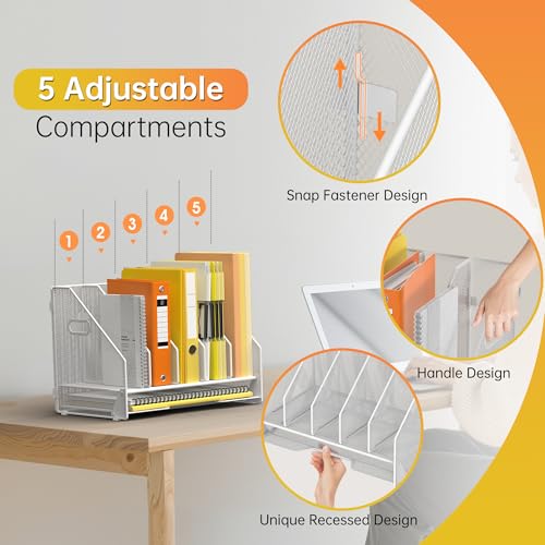 Docnest Desk File Holder Sorter, 5 Vertical Compartments Rack with Letter Tray, Mesh Magazine File Holder with Handle,Workspace Organizers,Desk Organizers for Paper, Mail, Documents-White - color: White-5 Compartments