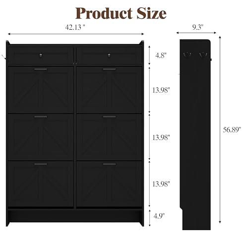 Thacuok Shoe Cabinet with 6 Flip Drawers & 2 Storage Drawers, Rustic Farmhouse Narrow Shoe Organizer Cabinet, Slim Shoe Rack Cabinet, Shoe Storage Cabinet for Entryway, Hallway, Front Door - color: Black, size: 6 Drawers