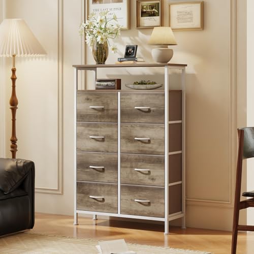 DUMOS Fabric Dresser for Bedroom with 8 Drawers, Tall 8-Drawer Chest of Drawers with Raised Shelf, Storage Tower with Fabric Bins for Closet Organization, Hallway Storage, Oak - color: Oak, size: 31.5"D x 45.9"W x 11.8"H (8 Drawers)