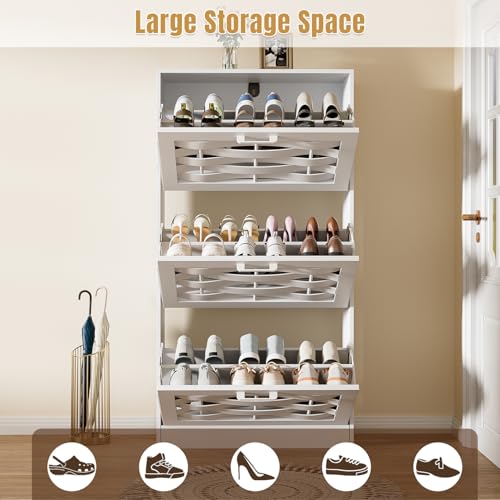 White Shoe Cabinet Storage with 3 Flip Drawers for Entryway, Slim Shoe Rack Cabinet with Woven Design Drawers, Narrow Shoe Organizer for Hallway, Apartment - color: White, size: 3 Drawers