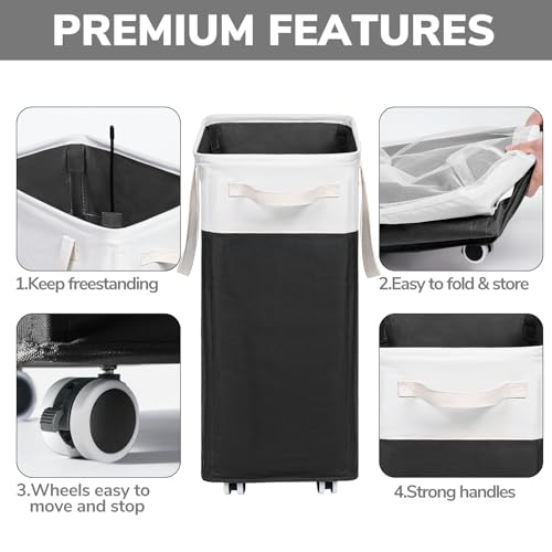 Goodpick Hamper with Wheels 75L 2-Pack, Tall Laundry Basket with Removable Wash Bags, Rolling Black Laundry Hamper for Corner Dorm, Large Collapsible Laundry Baskets - color: Black & White 2-Pack