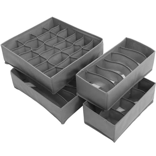 Wakauto 4PCS Sock Underwear Drawer Organizer Dividers, Foldable Fabric Dresser Organizer Closet Clothes Organizing and Storage Box Set for Storing Socks Handkerchiefs Ties Belts (Gray)