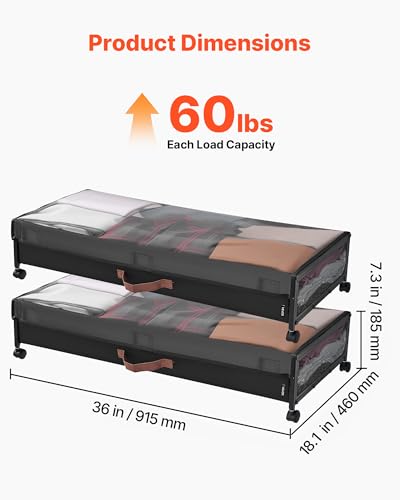 VEVOR Under Bed Storage with Wheels, 36.0 x 18.1 x 7.3 inch, Underbed Containers with Clear Lid, Underbed Shoe Organizer, Rolling Under the Bed Storage Bins for Clothes Shoes Blankets Bedroom, 2 Pack - style: D