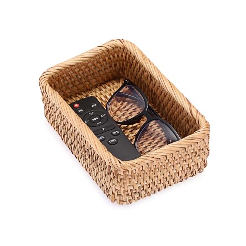 BTSKY Remote Control Basket 7.9" x 5.1", Decorative Small Basket Handwoven Rattan Storage for Jewelry, Cosmetics, Wicker Organizer Rattan Holder for Living Room Coffee Table Entryway Bedroom Vanity - size: 7.9'' x 5.1'' x 2.6''