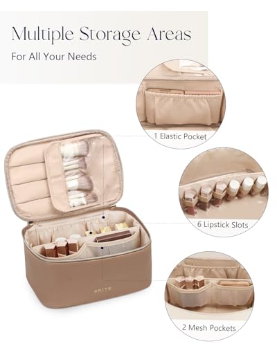 Prite Makeup Bag, Large Capacity Portable Travel Cosmetic Bag, Waterproof Makeup Organizer for Women with Handle and Divider (001 Brown) - color: 001 Brown