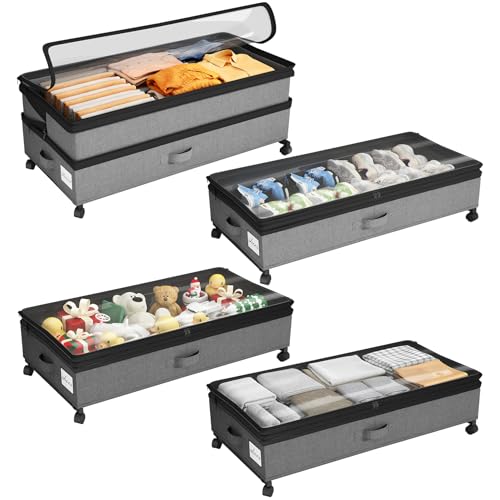 Kitstorack 4 Pack Height-adjustable Under Bed Storage with Wheels, Under Bed Storage Containers,Under Bed Shoe Storage Organizer with Clear Window&Label, Suitable for Clothes Storage, Gray - color: Grey, size: 4 Pack
