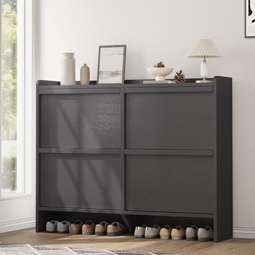GarveeHome Shoe Cabinet with 4 Flip Drawers, Wooden Shoe Organizer Cabinet with Adjustable Shelf, Shoe Storage for Entryway, Hidden Shoe Cabinet for Hallway, Living Room, Black - color: Black, size: 4-Drawers