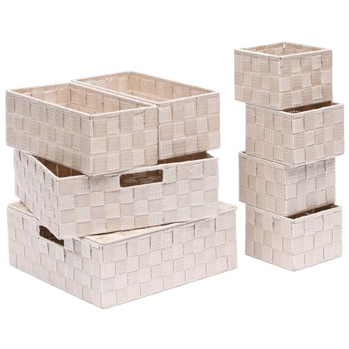 Storage Bins Woven Organizer with Lids Set of 8 – Polypropylene Storage Baskets with Metal Frame, Stackable Fabric Boxes for Drawers, Closet, Shelf, Nursery and Office, Beige - color: Beige, size: 8PCS-with lid