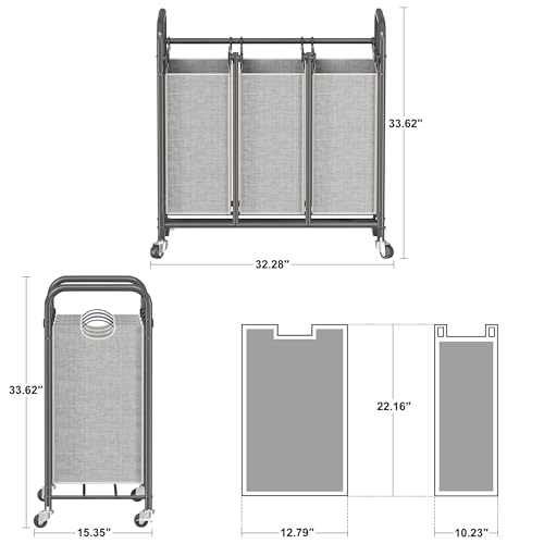 Whitmor 3-Bag Laundry Sorter, Laundry Hamper Cart with Heavy Duty Rolling Lockable Wheels and Removable Bags, Laundry Organizer Basket Clothes Separator Hamper, Grey, Large, KJ3009 - size: 3 Section B，Grey