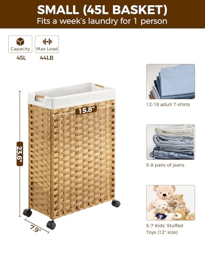 Greenstell Laundry Hamper with Wheels, 11.9 Gallon (45L) Small Clothes Hamper with 2 Removable Liner Bags & 2 Mesh Bags, Slim Rattan Laundry Basket for Bathroom, Bedroom, Natural - color: Natural, size: 45L (15.8 x 7.9 x 23.6 inches)