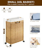 Greenstell Laundry Hamper with Wheels, 11.9 Gallon (45L) Small Clothes Hamper with 2 Removable Liner Bags & 2 Mesh Bags, Slim Rattan Laundry Basket for Bathroom, Bedroom, Natural - color: Natural, size: 45L (15.8 x 7.9 x 23.6 inches)