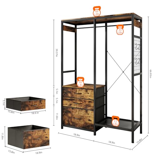 Heavy Duty Clothes Rack with 3 Drawers & LED Light, Garment Rack with 3 Shelves, Free Standing Wardrobe Organizer with 8 Hooks for Bedroom, Small Space, Garming Room（37.8"W x 66.93"H, Rustic Brown） - color: Rustic