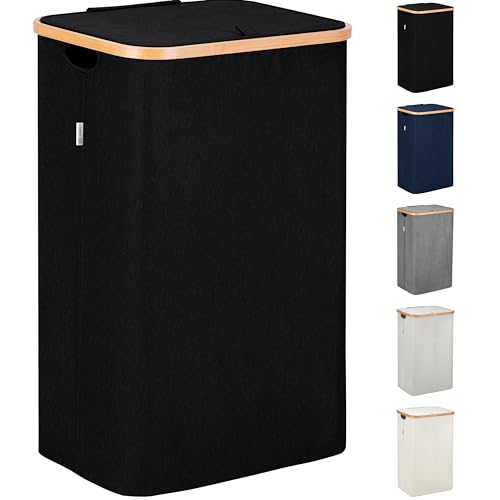 LONBET Laundry Basket with Lid, Made from Breathable Fabric | Aesthetic Clothes Hampers for Laundry with Side Handles & Sturdy Bamboo Frame (26 Gallons - Single, Black) - color: Black, style: 26 Gallons - Single