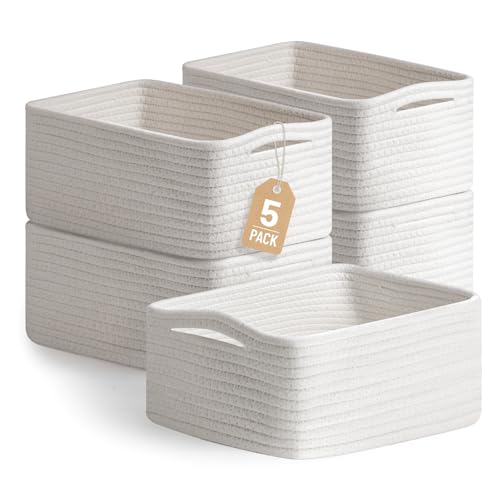 5 Pack White Small Woven Storage Baskets for Shelves, Cotton Rope Baskets Organizer for Bathroom, Closet & Nursery, Decorative Storage Bins for Organizing Socks, Toys, 11.8"x7.9"x4.7" - color: White