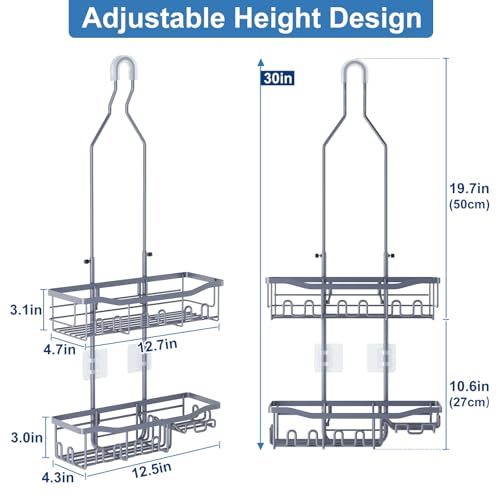 Shower Caddy, Upgraded Extended Length Shower Caddy Over Showerhead No Blocking to Showerhead, Rustproof Bathroom Organizers and Storage with Hooks Shampoo Soap Holder, Large Hanging Caddy - color: Grey - 2 Tier - Standard