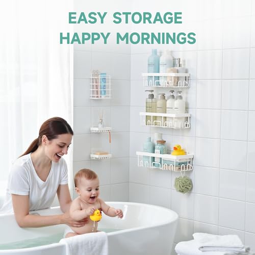 Veken 6-Pack Rustproof&Waterproof Shower Caddy, Adhesive Shelves Rack with Soap Holder, Large Bathroom & Washroom Organizer, No Drilling Wall-Mounted Kitchen&Home Decor,Ideal for Bathtub Storage,White - color: D. White